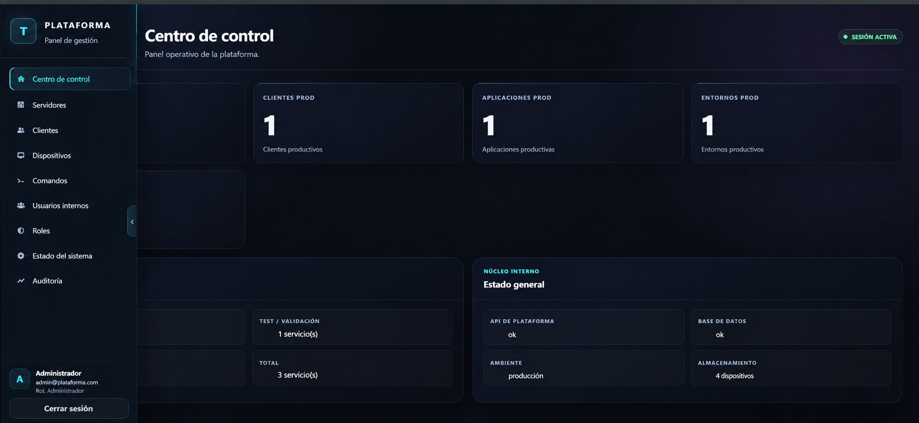 Panel central de control y administración de software